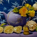 Periwinkle Teapot w/ Roses and Buddha