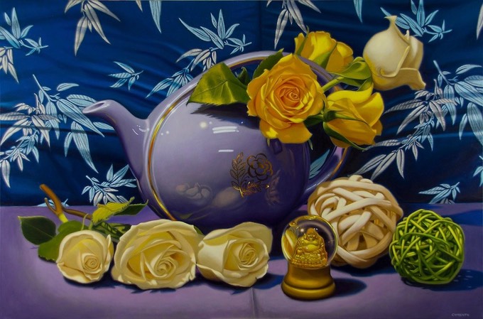 Periwinkle Teapot w/ Roses and Buddha