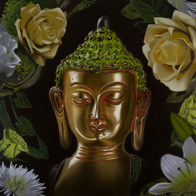 Brass Buddha w Flowers 47x47