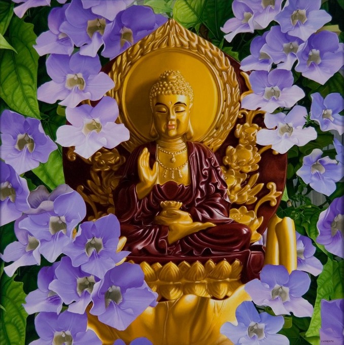 GoldBuddha-PurpleFlowers
